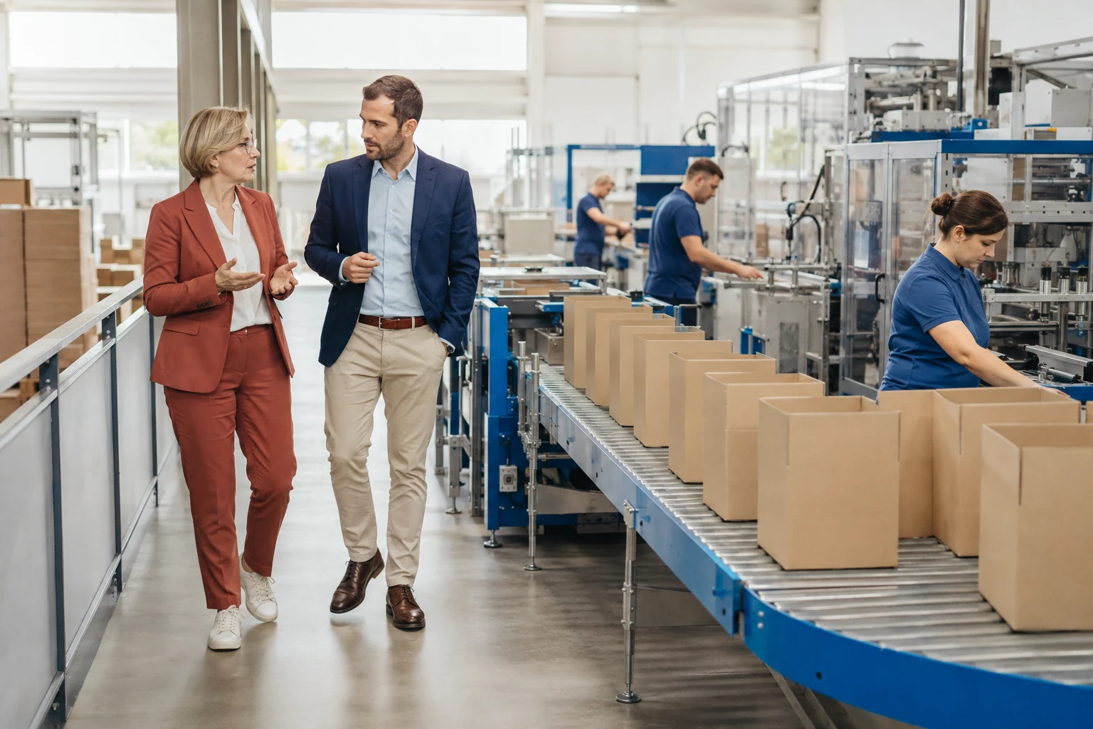Unternehmerin und Kaufinteressent sprechen an einer laufenden Verpackungslinie